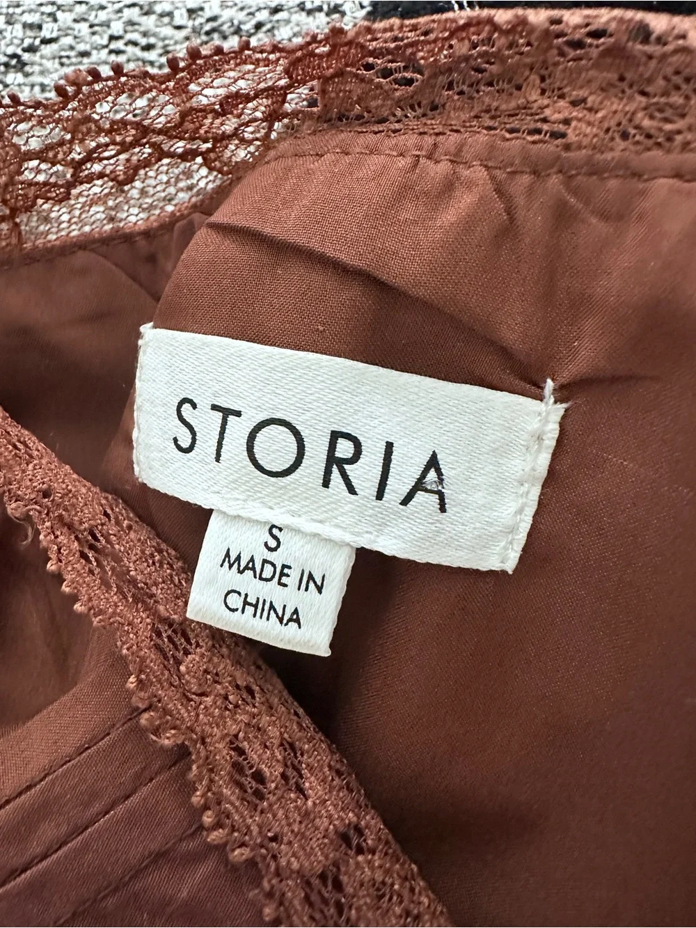 STORIA Brown Lace Trim Mini Dress Size Small Romantic Boho Slip Dress
